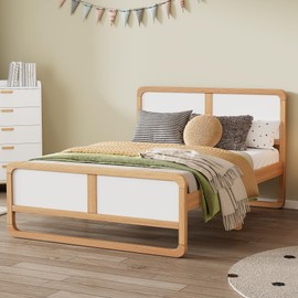 Modern Style Queen Size Solid Wood Platform Bed Frame for Boys Girls Kids Adults Toddler, No Need Box Spring, Walnut and White