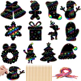 Pack of 36 Christmas Scratch Pictures, Children's Rainbow Scratch Paper, Rainbow Scratch Art with 18 Wooden Pens and 36 Colourful Ribbons, for Children's Crafts, Christmas Gifts, Christmas Tree