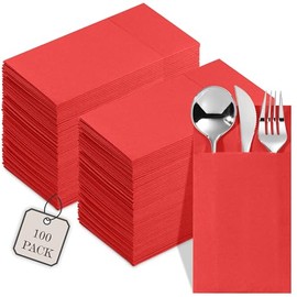Paquete de 100 servilletas desechables con bolsillo para cubiertos, servilletas rojas de papel para Navidad, boda, cena o fiesta, bolsillo integrado para cubiertos, preplegado
