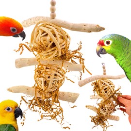 Bonka Bird Toys 1034 Driftwood Forage Tower, 10" x 6", Natural Chew and Foraging Toy for Medium Birds, Bamboo Balls, Crinkle Paper, and Wooden Beads, Supports Beak Health and Mental Stimulation