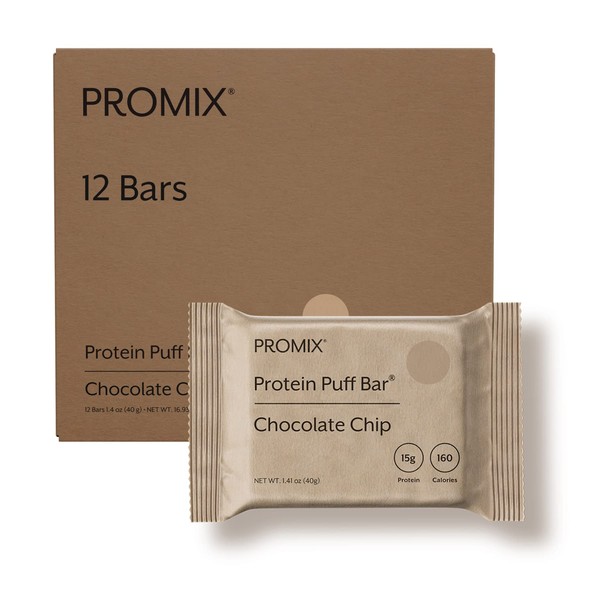 ProMix Nutrition Protein Puff Bars, 12-Pack - Chocolate Chip - Marshmallow Crispy Treat - Great Tasting & Healthy On The Go Snack - High Protein & Low Calorie - Non-GMO & Free From Gluten, Soy, & Corn