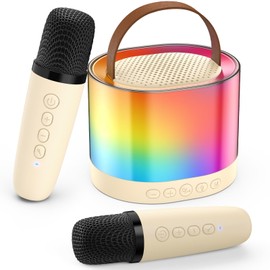 Mini Karaoke Machine for Adults Kids, Portable Bluetooth Karaoke Speaker with 3.5" Full-Range Speaker and Colorful LED Lights, Support USB/TF Card/AUX (Beige-2Mic)