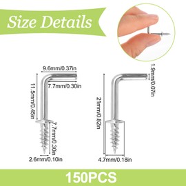 UFURMATE 1/2" Screw Hooks, 150 Pieces Carbon Steel Coated L Shaped Hooks, Shoulder Dresser Cup Hooks, Right Angle Hooks, Self Tapping Screw Hooks (Silver)