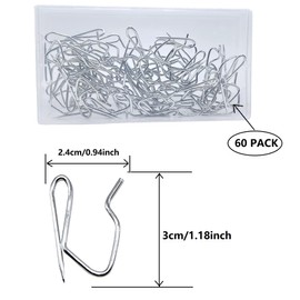 Metal Curtain Hooks, Nydotd Rustproof Steel Plated Zinc Hooks Heavy-Duty Offset Pin-On Drapery Hooks for Window Curtain, Door Curtain and Shower Curtain（60 Pack）
