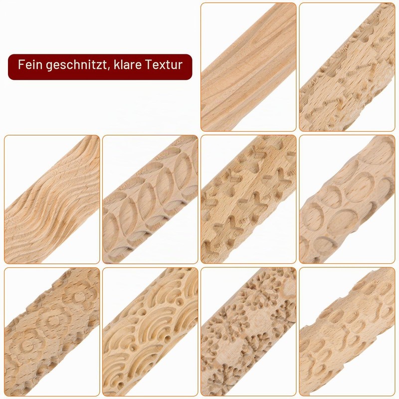 Quartzman 10 Pieces Wood Clay Roller Pattern Modelling 5.9 Inch