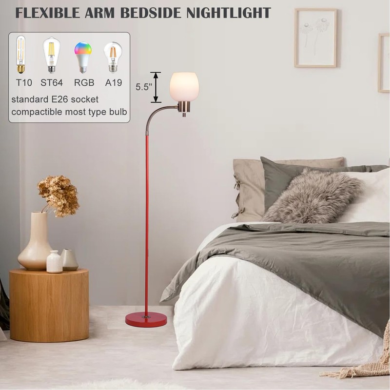 MAINDECO Gooseneck Floor Lamp,Height Adjustable,3 Color,Flexible Sofaside Reading Pole Lamp,Red
