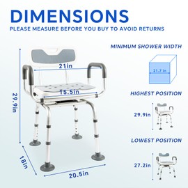 HOENCRAFT Swivel Shower Chair with Padded Arms and Back, Non-Slip Heavy Duty Bench Seat for Seniors, Disabled or Bariatric, Height Adjustable for Inside Shower Stall, Bath Tub | with 400 lb Capacity