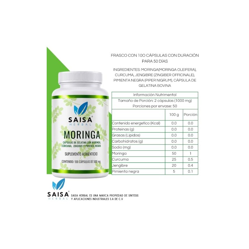 Moringa con Cúrcuma y Pimienta Negra Suplemento Alimenticio 100 Cápsulas