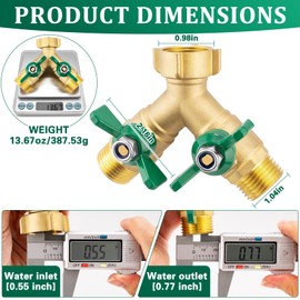 Garden Hose Splitter 2 Way, Heavy Duty Brass Water Hose Splitter, 3/4" GHT Hose Y Splitter with Shutoff, Full Flow Outdoor Faucet Splitter and Garden Hose Connector, Water Hose Y Valve Tap Adapter
