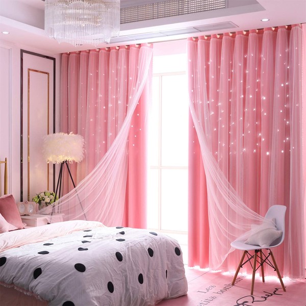 ABREEZE Princess Pink Curtain Hollow-Out Stars Dual Layer Grommet Top Mix and Match Blackout Curtains with White Sheer for Living Girl Room(1 Panel,59 x 84 inch,Pink)