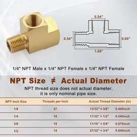 Boeray 2pcs 1/4" Brass Tee Fittings 1/4" NPT Female Pipe to 1/4" NPT Male to 1/4" NPT Female Brass Barstock Street Tee Pipe Fittings 3 Way for Joining Pipe