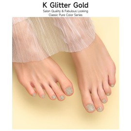 DUKASOU Semi-Cured Gel Pedicure Strips 32pcs Pure Color Series(K Glitter Gold) - Nail Wraps for Women Girls Gel Toenail Stickers Works with Any Nail Lamps Includes Nail Pads Nail File & Wood Stick