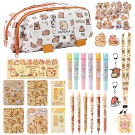 Capybara Pencil Case Girls Boys 67 Pieces Notebook Capybara Stationery Set Key Ring Capybara Pencil Case 3 Compartments Kawaii Pencil Case Water Pig Sticker Capybara Pens Erasable