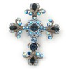 Statement Cobal/Sky Blue Austrian Crystal Filigree Cross Brooch/Pendant In Gunmetal