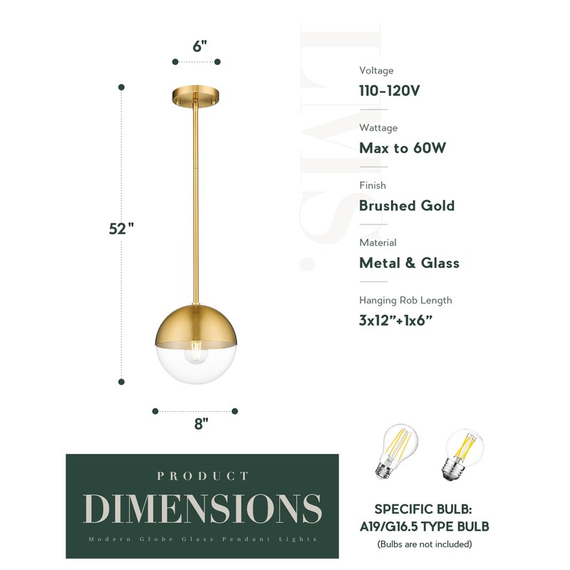 LMS Mid Century Pendant Light Fixtures, Brushed Gold Farmhouse Pendant