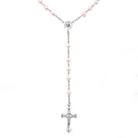 Catholic Rosary Necklace for Women Simulated Pearls Prayer Beads Classic Solid Hue Elegant Minimalist Design Spiritual Jewelry Devotional Keepsake Gift for Her Adjustable Chain, Universal size, Brass