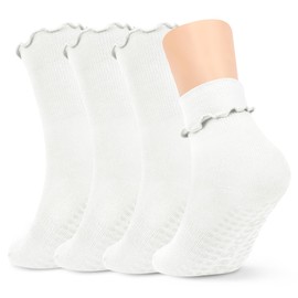 MAKABO Grip Pilates Socks, Cute Ruffle Non Slip Barefoot Socks for Girl, 4 Pairs White, Size 5-10