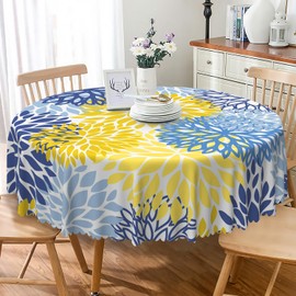 TTQYFNM Navy Blue Yellow Flowers Round Tablecloth 60 Inch Abstract Dahlia Floral Circular Table Cloth Modern Geometric Polyester Table Cover for Dining Room Kitchen Patio Home Decor Party Supplies