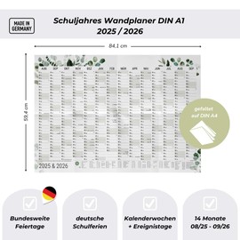 heaven+paper School Year Planner 2025/2026 A1 Wall Calendar Semester Planner Folded with 14 Months Elegant Calendar 2025 2026 Wall Planner Landscape Format with Holidays School Holidays (Green