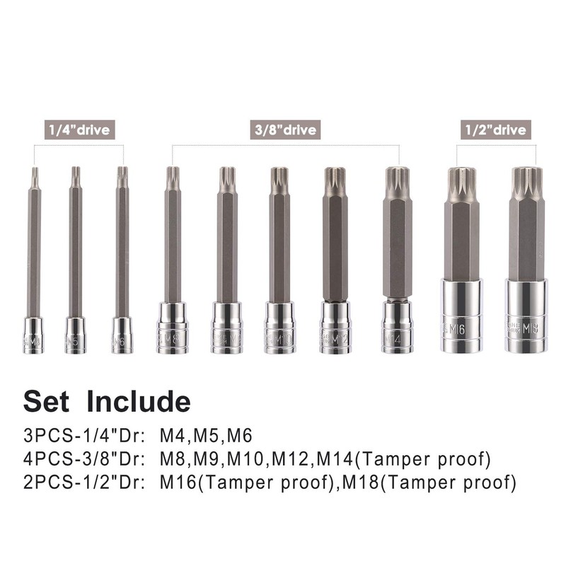 CASOMAN 10 Piece Spline Tip Bit Socket Set, M-Type, S2