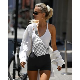 MEISEY Checkered Sling Bag for Women Small Backpack Crossbody Chest Bag Fanny Packs Purses (Checkered Sling Bag - Light Grey)