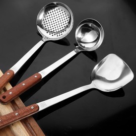Stainless Steel Wok Spatula Soup and Ladle, Skimmer Ladle Tool Set of 3, Cooking Utensils with Wooden Handle