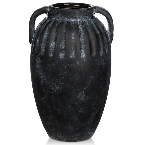 Ceramic Rustic Farmhouse Vase, 9 inch Pottery Black Flower Vase