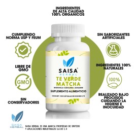 Té Verde Matcha + Moringa + Cúrcuma + Jengibre 120 cápsulas | Suplemento Alimenticio | Saisa Herbal | Digestión, Antiinflamatorio y antioxidante