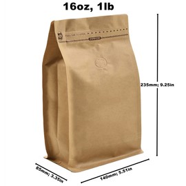 Kraft Paper Stand Up Coffee Bag/Flat Bottom Pouch with Air Release Valve and Reusable Side Zipper. (50pcs, 1lb/16oz)