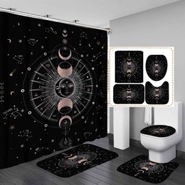 OLEBETY 4PCS Celestial Black Shower Curtain Set, Rose Gold Glitter Crescent Sun and Moon Phase Star Galaxy Constellation Astrology Zodiac Tarot Witch Boho Aesthetic Bathroom Decor, Bath Mat Toilet Rug