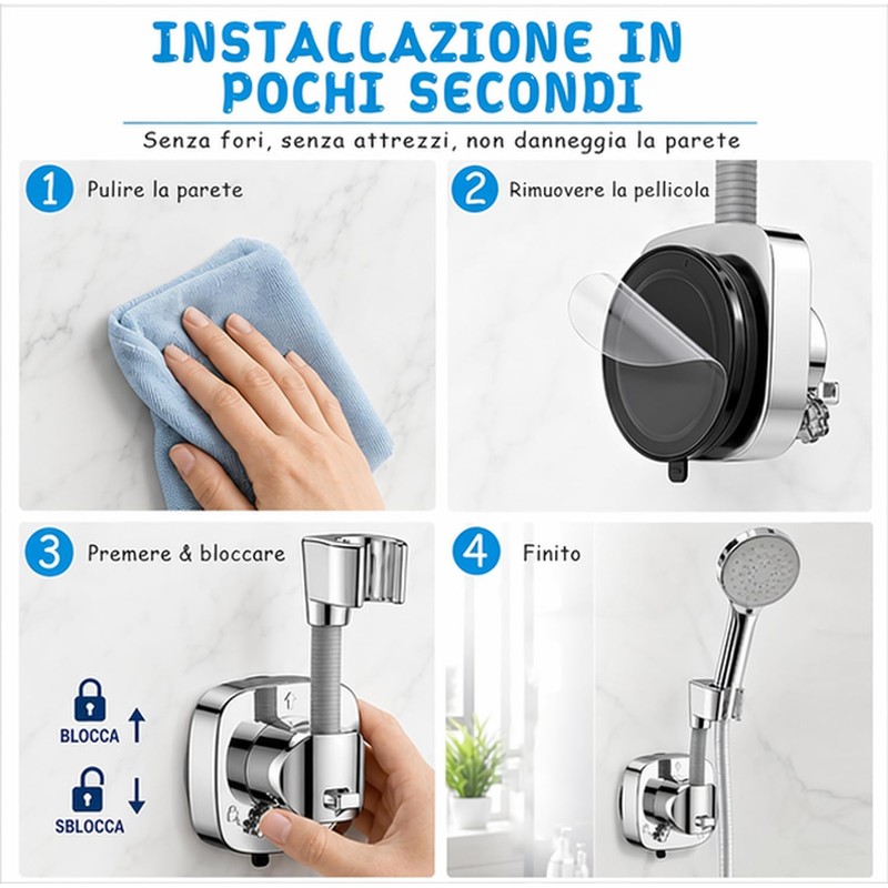 Dexpally 2 Pezzi Supporto Soffione Doccia Ventosa 360° Regolabile, Senza