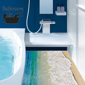 3D Ocean Wall Stickers, Sandy Beach Wall Decals, Waves Wall Decor, Removable Beach Floor Stickers for Wash Basin Bedroom Living Room Ocean Bathroom Decor (shatanB)