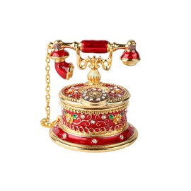 QIFU Hand Painted Red Telephone Figurine Enameled Trinket Box Hinged, Unique Gift for Family