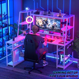 Armocity L Shaped Gaming Desk with Hutch - Gaming Desk with LED Lights, L Desk for Gaming with Storage Shelves, L Shaped PC Gaming Desks, 47‘’ Corner Computer Desks, White