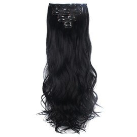 Lelinta 7Pcs 16 Clips 24 Inch Wavy Curly Full Head Clip in on Double Weft Hair Extensions, Dark Black, 24 Inch