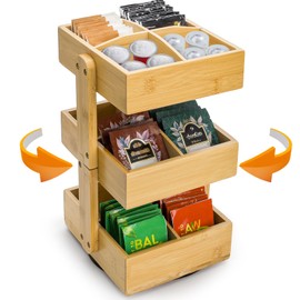 Yopay 3-Tier 360° Rotating Bamboo Tea Bag Organizer Stand | Countertop Spinning Caddy for Kitchen, Bar, Pantry, 168 Teabags Easy Assemble Space-Saving Holder