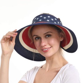 Women Patriotic Sun Visors Foldable Straw Ponytail Hat Summer Beach USA American Flag Packable Hats Floppy Wide Brim Cap Deep Style, Adjustable Size UV Protection for Hiking Accessories