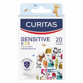 Curitas Venditas Adhesivas Sensitive Kids, hipoalergénicas ideal para piel sensible con diseños de animales protegen la herida contra la suciedad y bacterias, 20 piezas