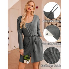 Ekouaer Womens 3 Piece Waffle Knit Lounge Set Soft Pajama Sets Tank Top and Shorts Cardigan with Pockets (Grey, XXL)