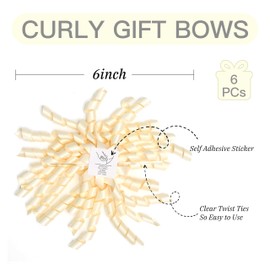 LIZLOVESS 6 Inch Ivory Curly Bows for Gift Wrapping Set of 6, Self Adhesive Bows Ivory Gift Bows for Presents, Satin Ribbon Bows for Birthday, Wedding, Christmas, Bridal Shower, Gift Wrap Accessory