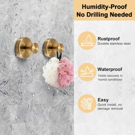 Suction Cup Hooks for Shower, No-Drill Heavy-Duty Hooks for Bathroom, Glass Windows, Mirror, Smooth Tile, Waterproof & Rustproof, Removable Wall Hooks for Towels, Robes, Loofah (2, Brushed Gold)