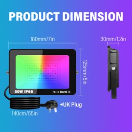 RIGIDON 1X 50W Smart Outdoor RGB LED Floodlight with Plug, APP Remote Control, Dimmable Colour Changing Flood Light for Garden Courtyard Landscap Party Stage Decoration, IP66 Electric Mains Powered