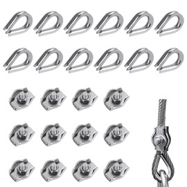 WUGU Set of 12 Wire Rope Clips 2 mm, Rope Clamp, Wire Rope Clamp, Stainless Steel, Wire Rope Clamp, 304 Stainless Steel, Wire Rope Clip, for Steel Cable Washing Line Awning Fixed (12 x Thimbles, 12 x
