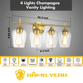 Hamilyeah Gold Bathroom Light Fixtures Over Mirror, 4 Light Vanity Light with Champagne Brass, Modern Vanity Lighting for Bath, Living Room, Kitchen, Bedroom, Dining Room