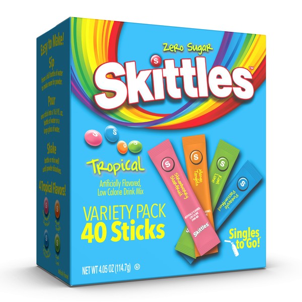 Skittles Singles To Go Tropical Flavors Variety Pack, Powdered Drink Mix, Zero Sugar, Low Calorie, Includes 4 Flavors, Strawberry Starfruit, Mango Tangelo, Kiwi Lime, Pineapple Passionfruit, 30 Count