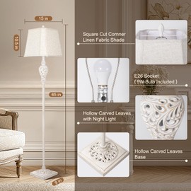 LuxSight Collection Floor Lamp for Living Room, Vintage Standing Lamp with Nightlight, 65" Tall Lamp with White Linen Shade, Farmhouse Rustic Floor Lamp for Bedroom, Office, Corner (LED Bulb Included)