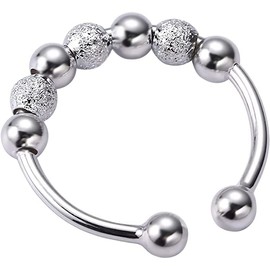 Anxiety Relief Adjustable Silver Spinning Fidget Ring with 7 Beads (Silver)