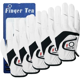 FINGER TEN Men’s Golf Gloves 5 PCS Left Hand Right Handed Leather All Weather Grip Soft Breathable Flexible for Golfers Size Small Medium ML Large XL (White, Large, Right)