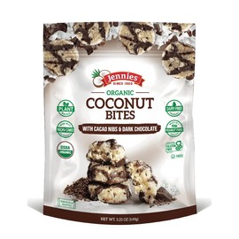 Jennies Organic Coconut Bites with Cacao Nibs and Dark Chocolate, 5.25oz | Gluten Free | Peanut Free | Dairy Free | Non GMO