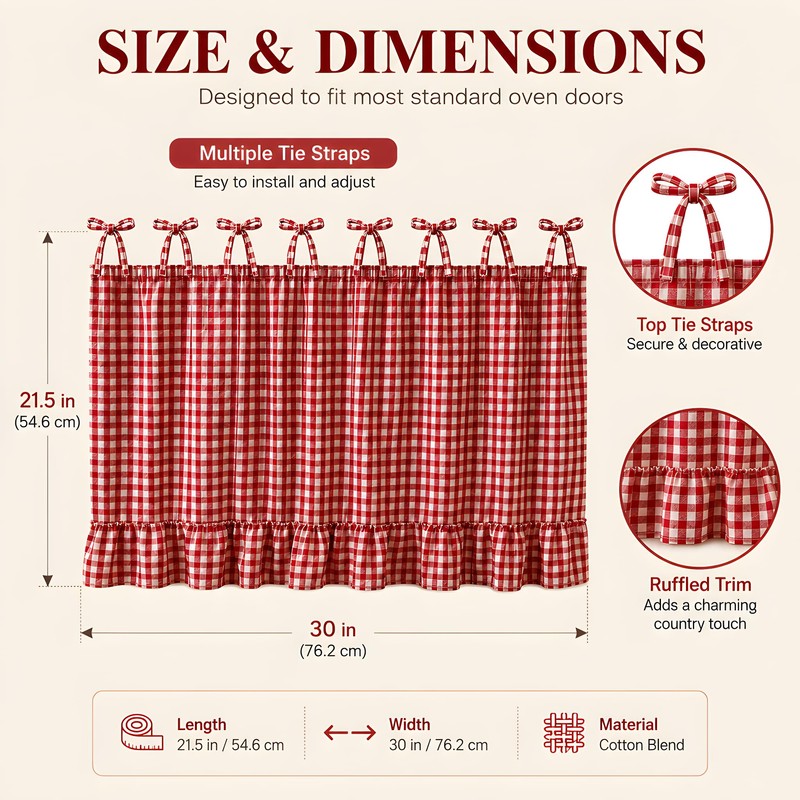 Oven Skirt Curtain, 30”x22”, Red White Check Oven Curtain for